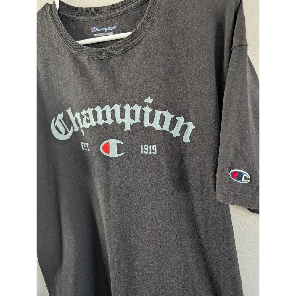 Men's Black Champion 1919 Split Script Logo T-shirt Gothic Font Size Large - Picture 2 of 4